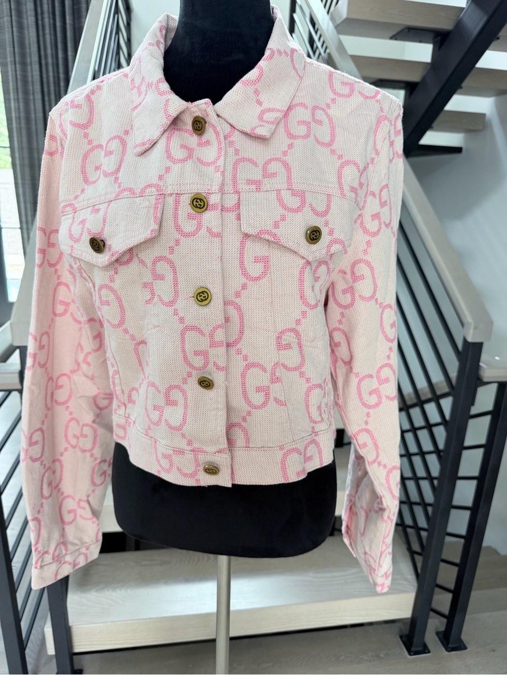 Pink GG Jacquard Cropped Denim Jacket
